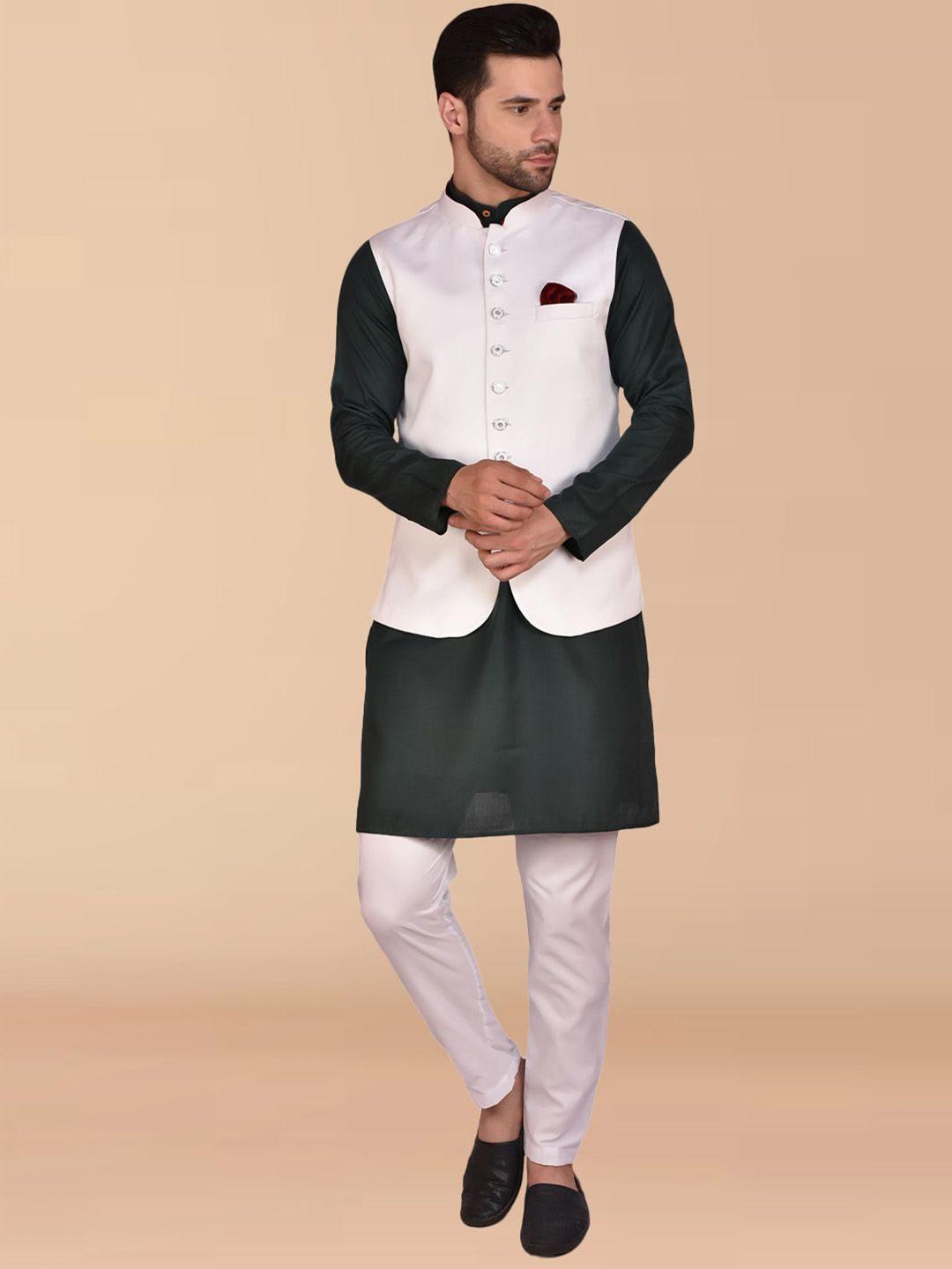 printcultr band collar pure cotton kurta & trousers with nehru jacket