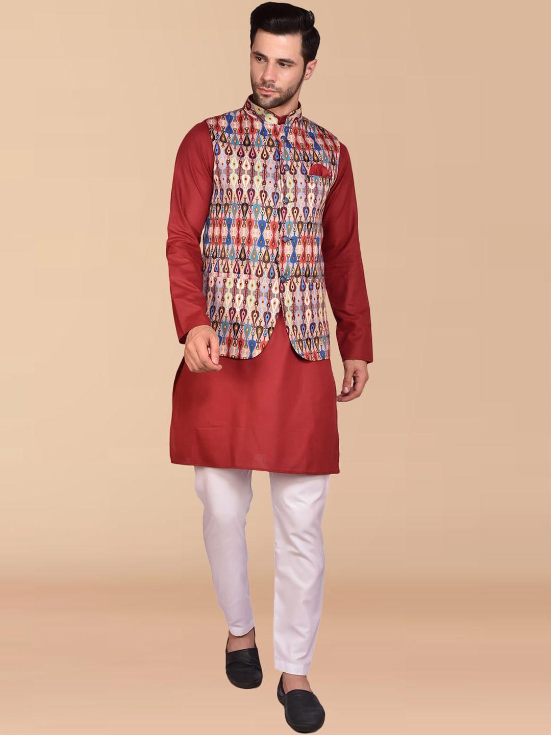 printcultr band collar pure cotton straight kurta with trouser & nehru jacket