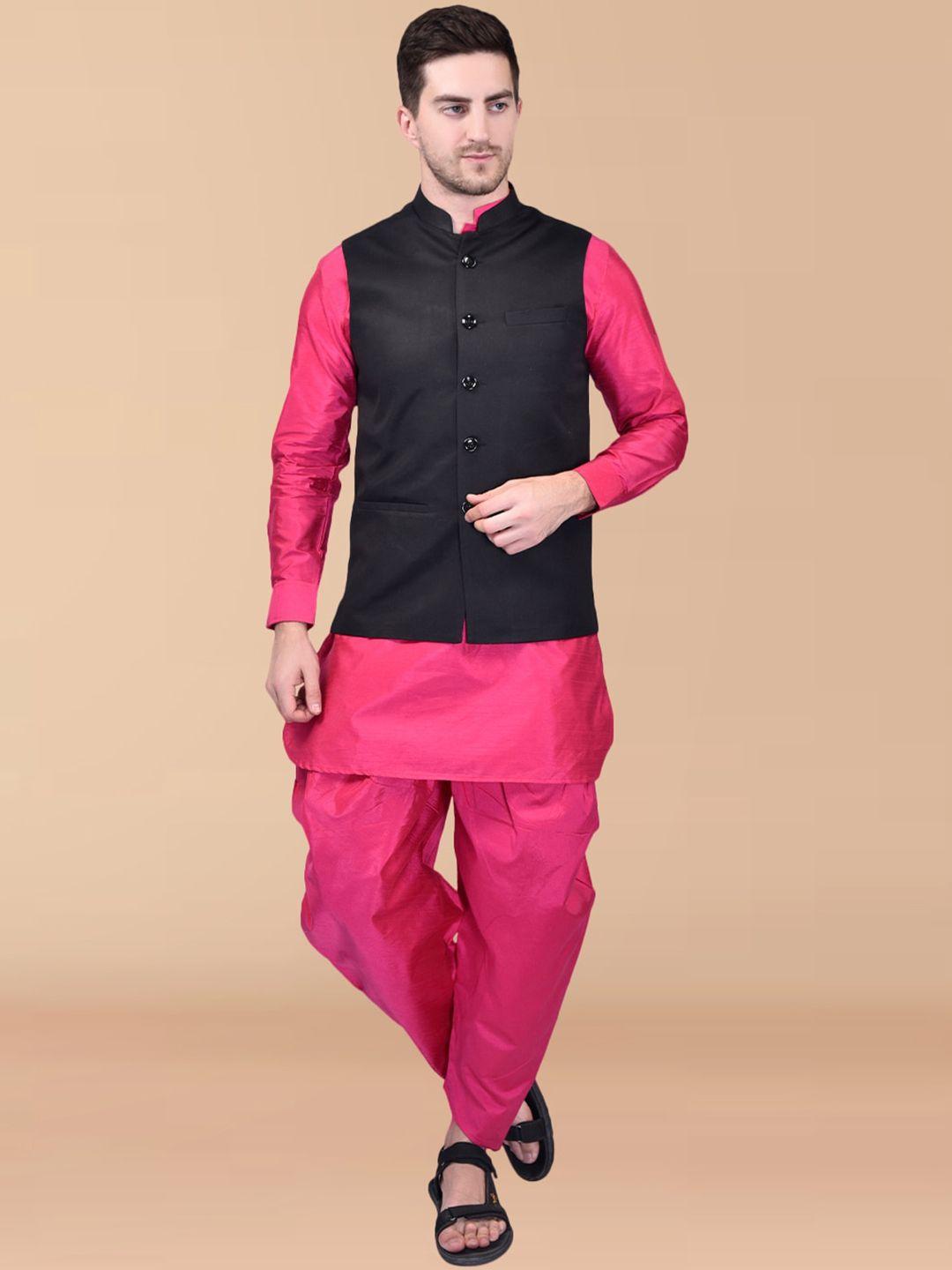 printcultr mandarin collar long sleeve regular pure silk kurta set with nehru jacket