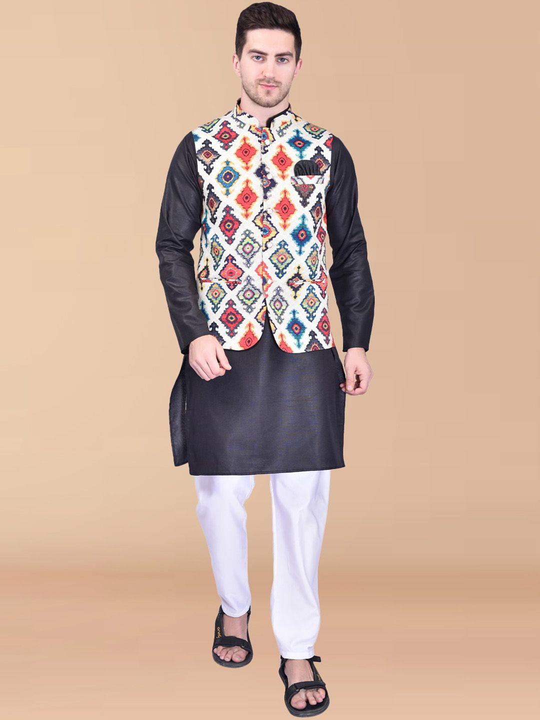 printcultr mandarin collar long sleeves regular cotton kurta with pyjamas & nehru jacket