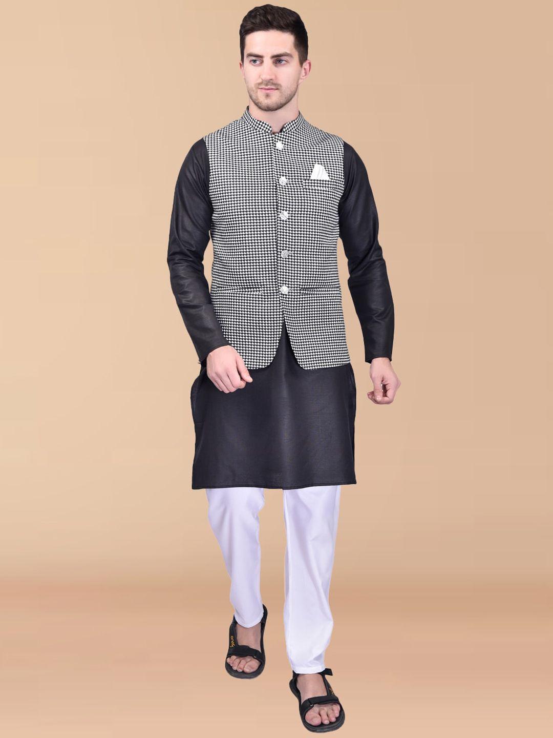 printcultr mandarin collar pure cotton kurta with trousers & printed nehru jacket