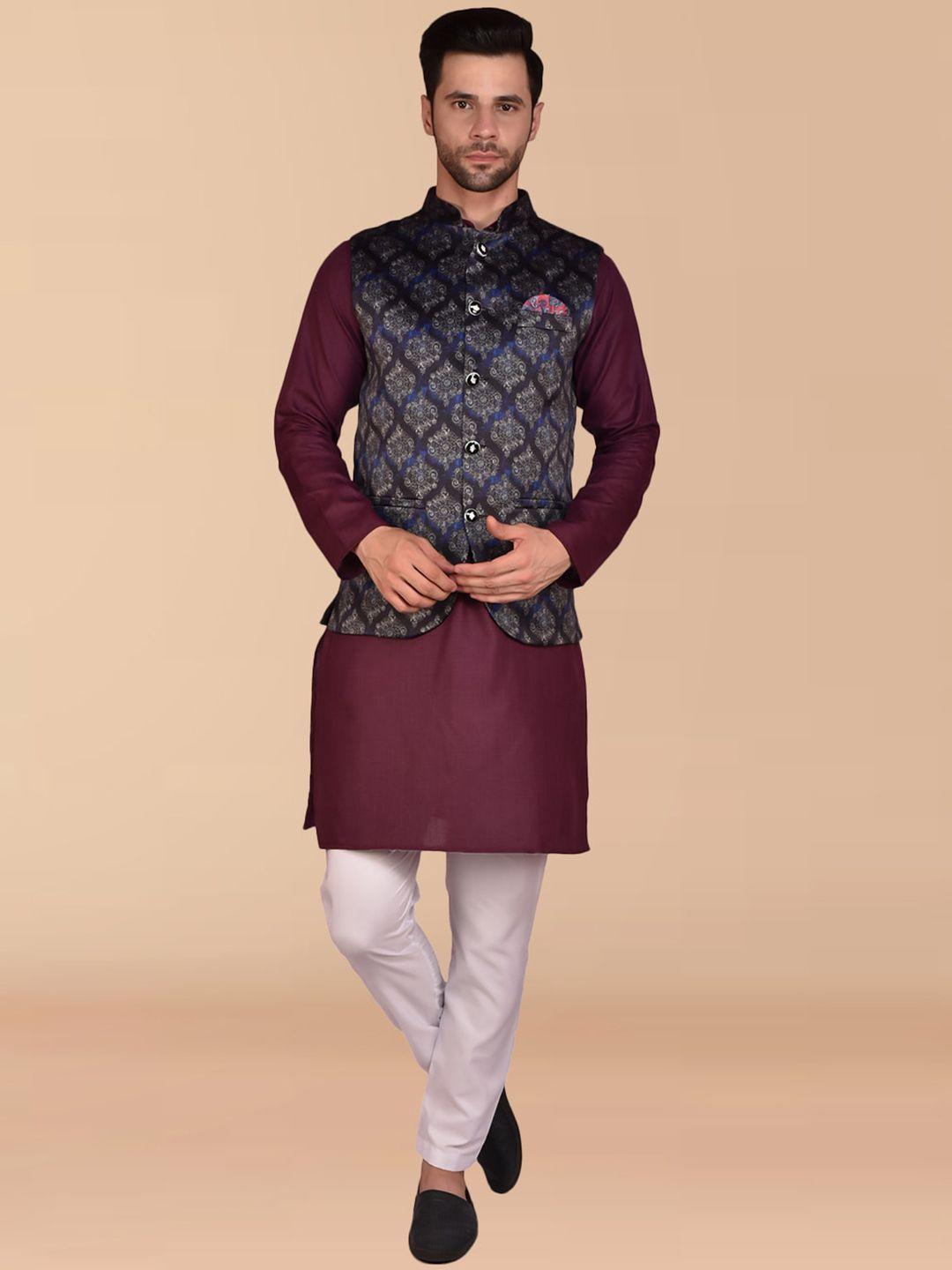 printcultr mandarin collar pure cotton regular kurta with trousers & nehru jacket