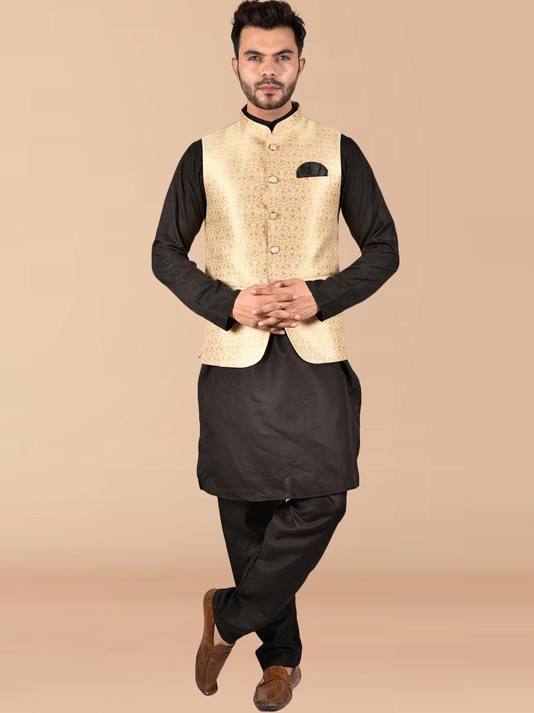printcultr mandarin collar pure cotton straight kurta with pyjamas & nehru jacket