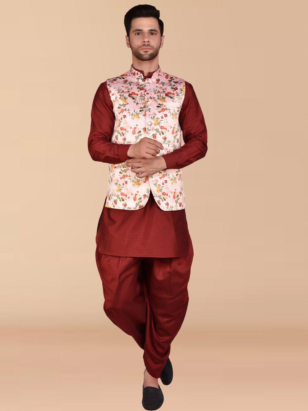 printcultr mandarin collar pure silk kurta with harem pants & nehru jacket