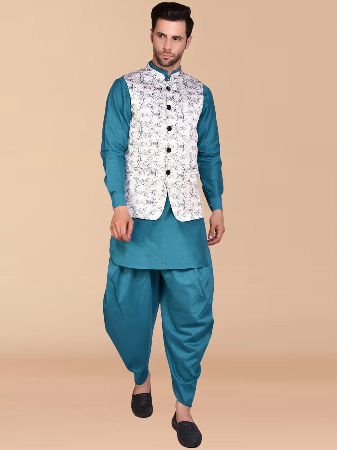 printcultr mandarin collar pure silk kurta with harem pants & nehru jacket