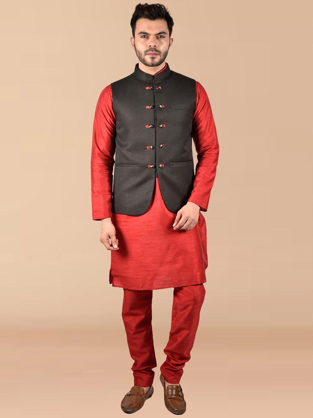 printcultr mandarin collar pure silk kurta with trousers with nehru jacket