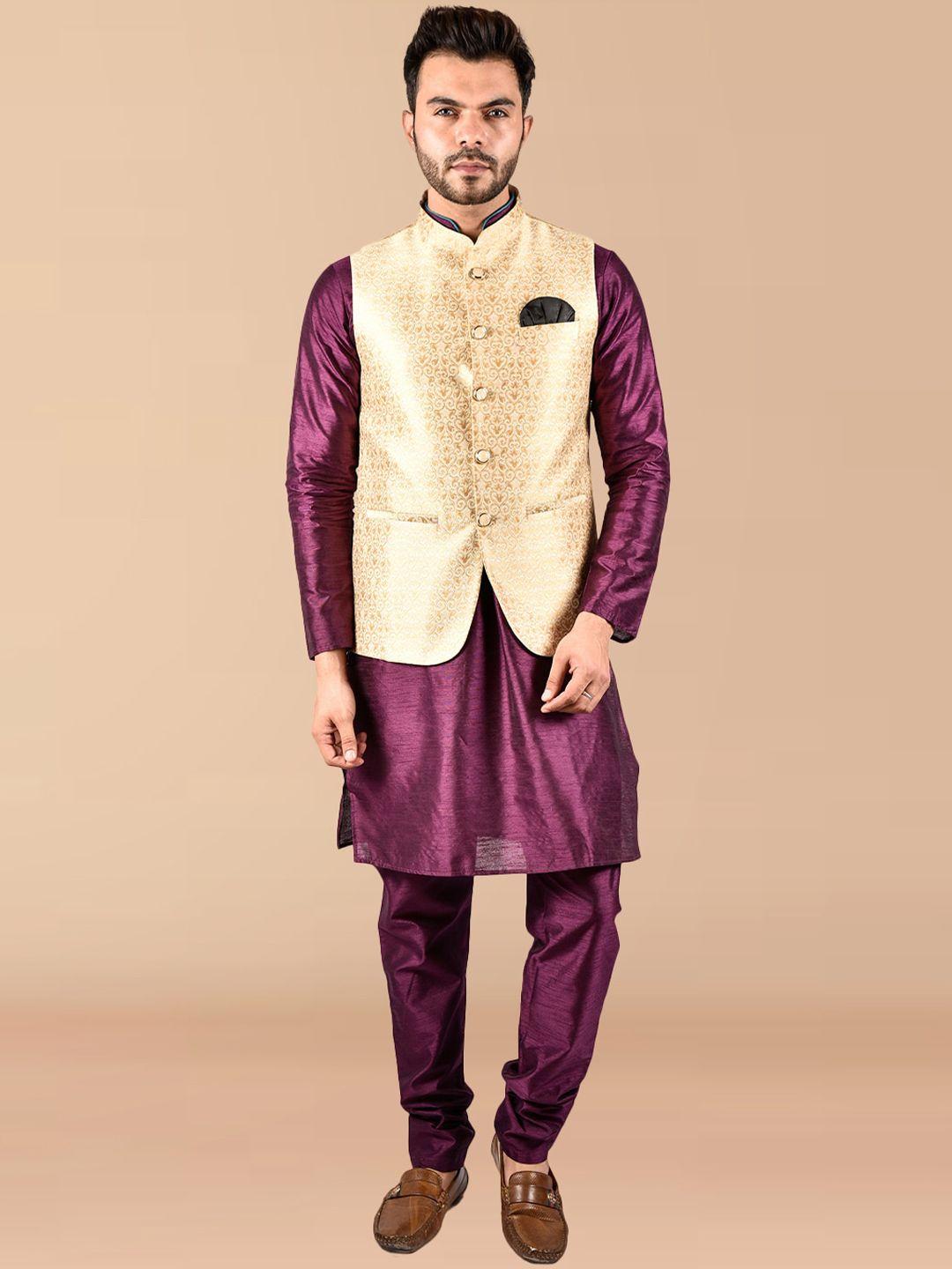 printcultr mandarin collar pure silk straight kurta with pyjamas & nehru jacket