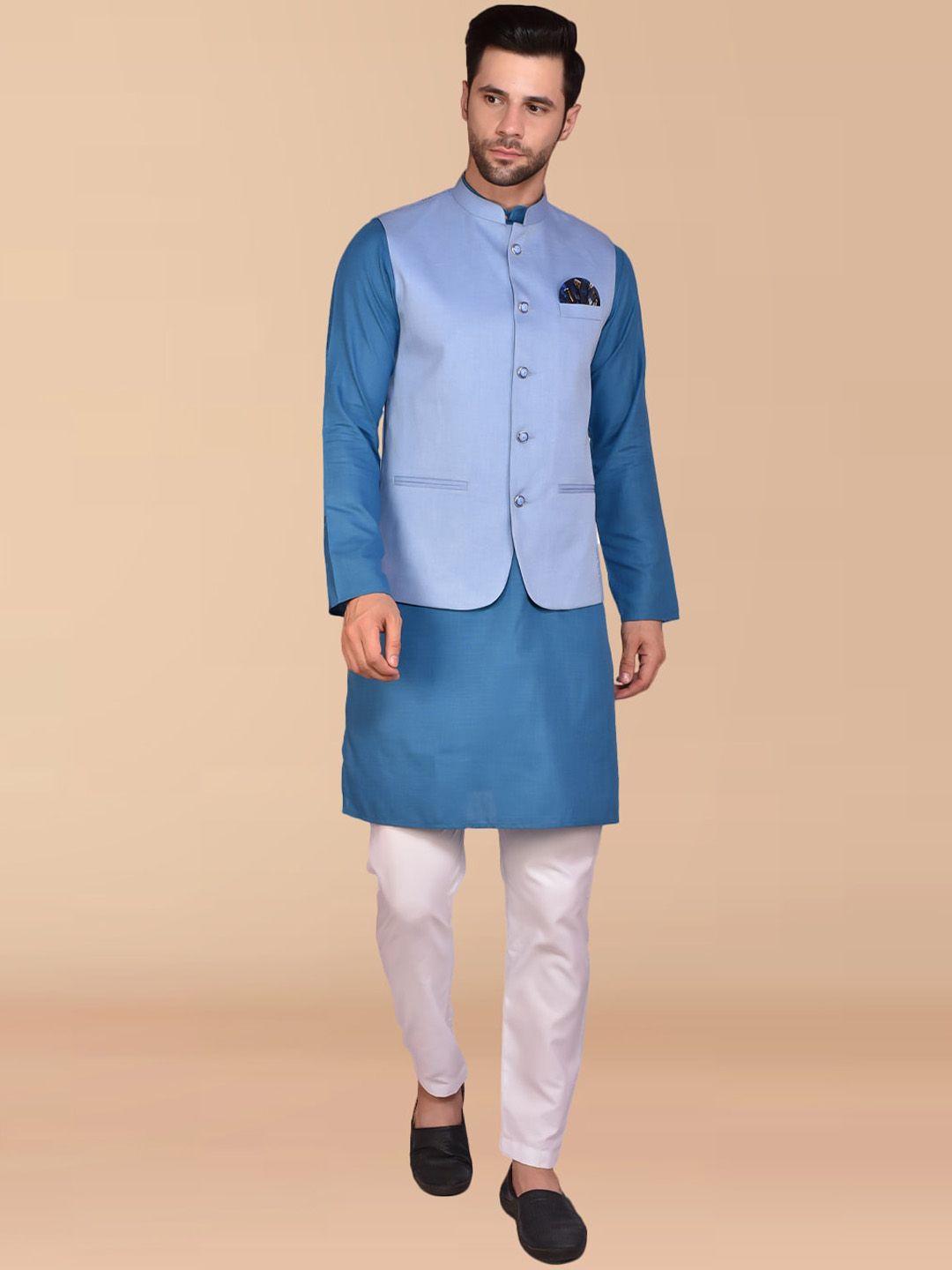 printcultr mandarin collar regular pure cotton kurta with churidar & nehru jacket
