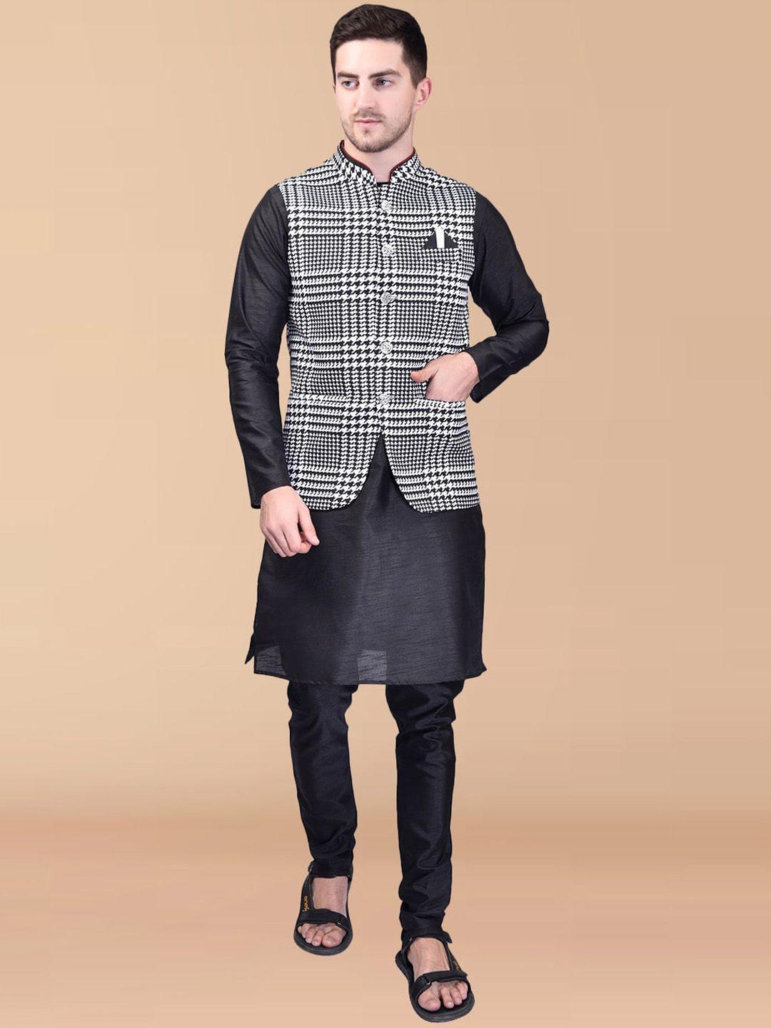 printcultr mandarin collar regular pure silk kurta with churidar & nehru jacket
