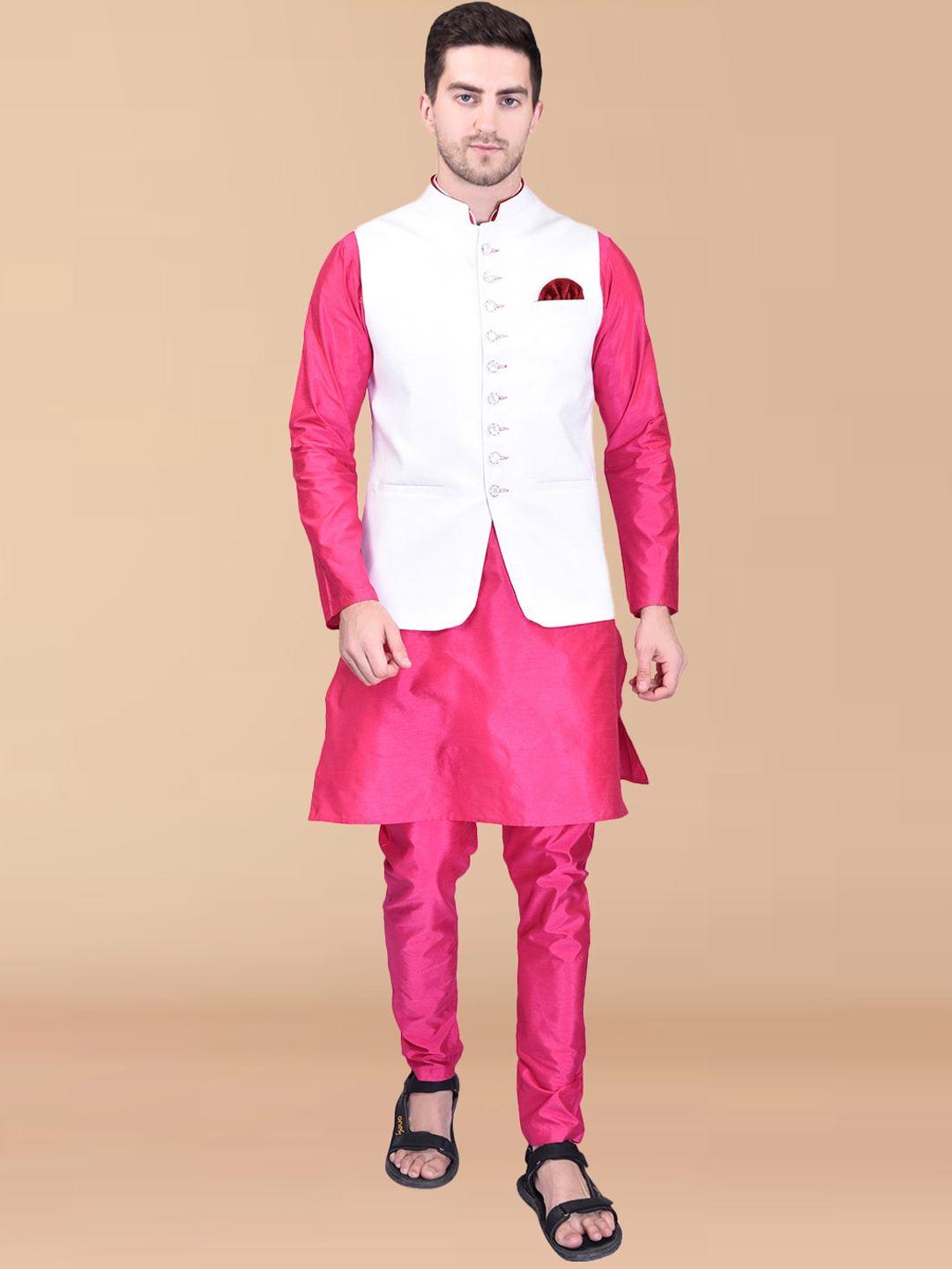 printcultr mandarin collar regular pure silk kurta with churidar & nehru jacket