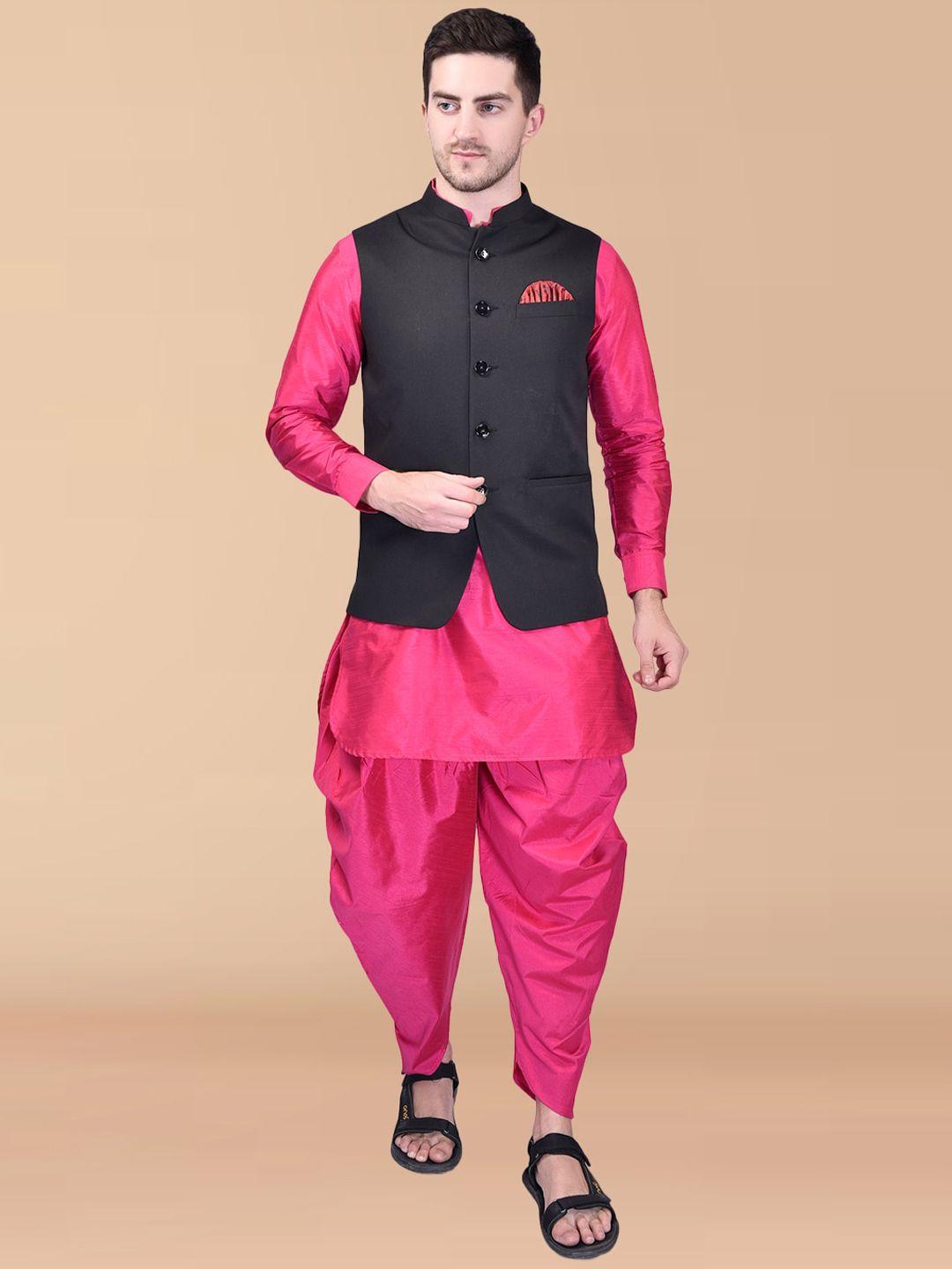 printcultr mandarin collar regular pure silk kurta with harem pants & nehru jacket