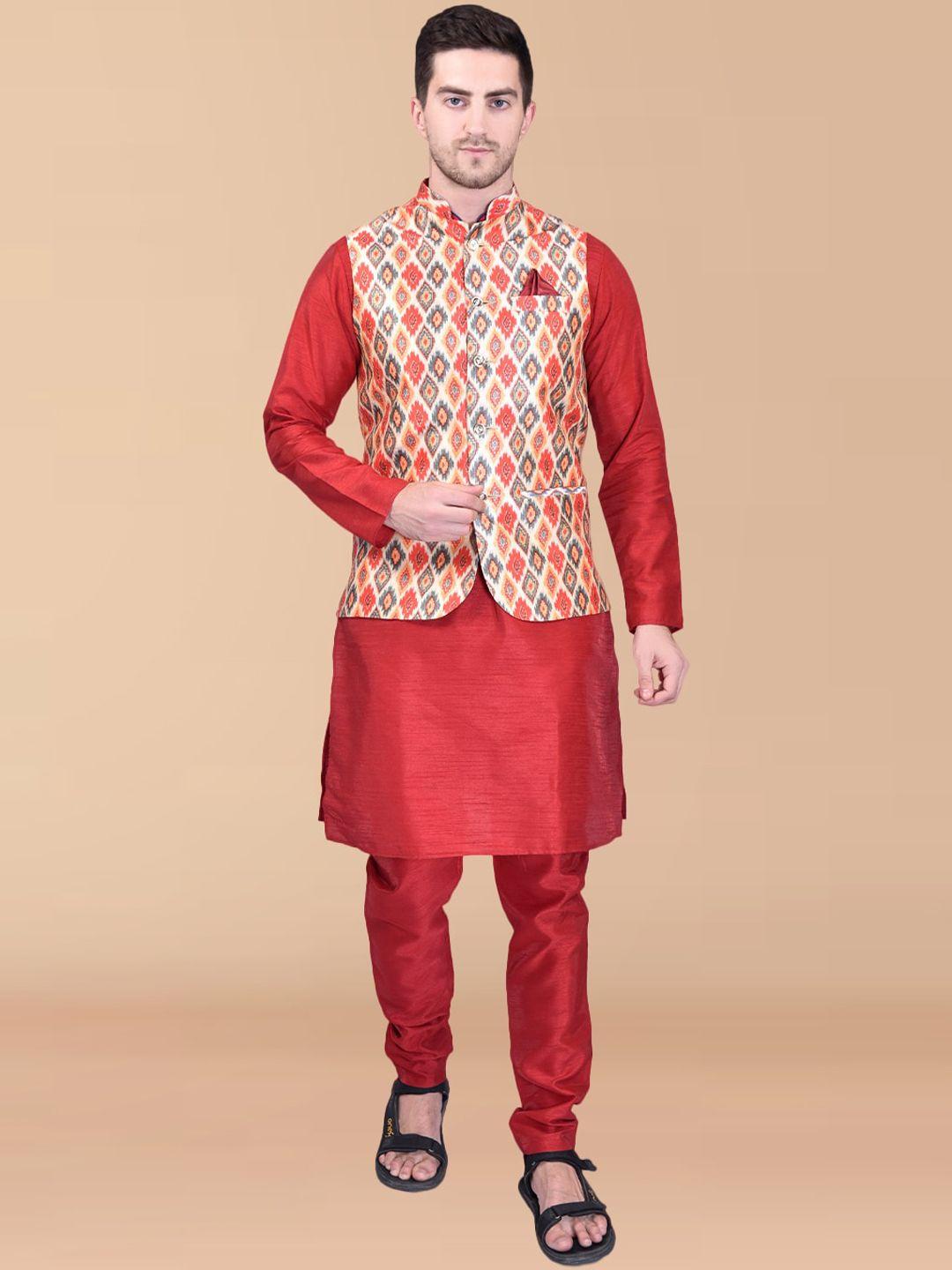 printcultr mandarin collar regular pure silk kurta with trousers & nehru jacket