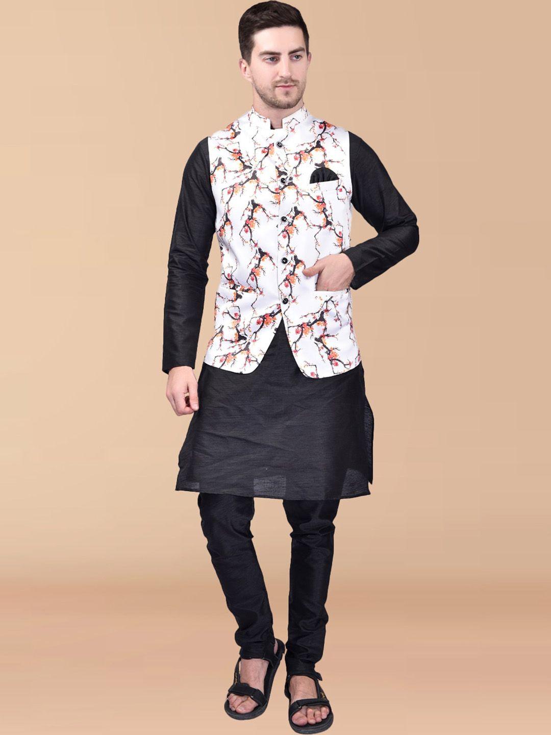 printcultr mandarin collar straight pure silk kurta with trousers & printed nehru jacket