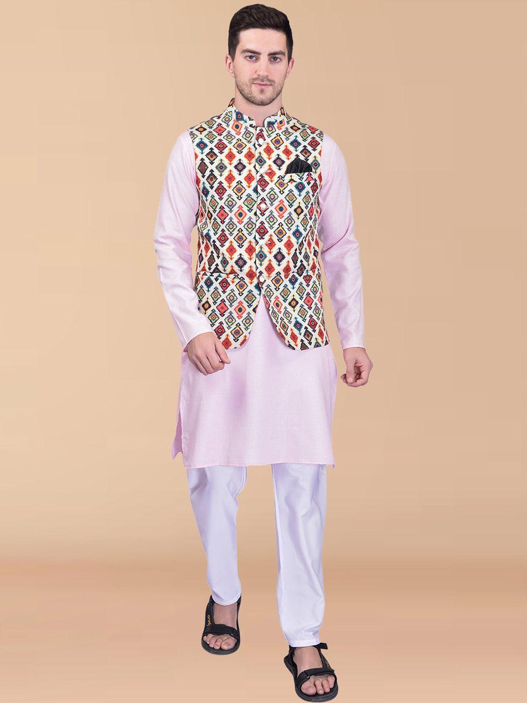 printcultr pure cotton mandarin collar kurta with trousers & nehru jacket