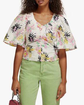 printed & brode embroidered ruched top