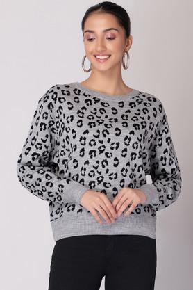 printed acrylic relaxed fit women's sweater - grey