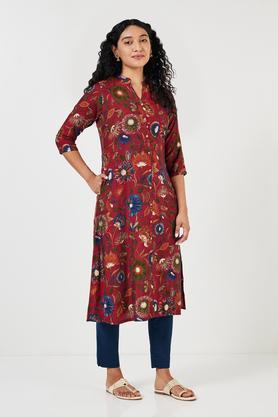 printed blended fabric collared women's casual wear a line kurta - red