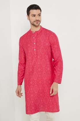 printed blended fabric men's casual wear kurta - red