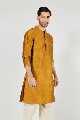 printed blended fabric regular fit men's kurta - gold