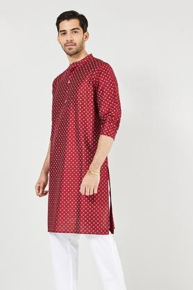 printed blended fabric regular fit men's kurta - marron