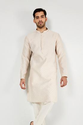 printed blended fabric regular fit men's kurta - natural