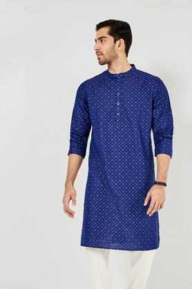 printed blended fabric regular fit men's kurta - navy