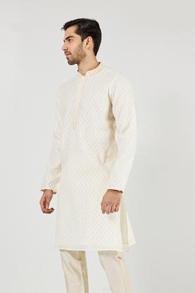 printed blended fabric regular fit men's kurta - white