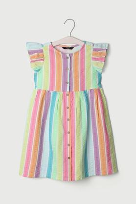 printed blended fabric round neck girls casual wear dress - multi