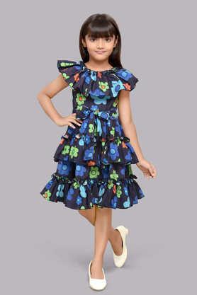 printed blended fabric round neck girls party wear dress - navy