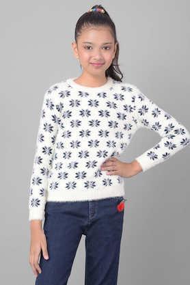 printed blended fabric round neck girls sweater - white