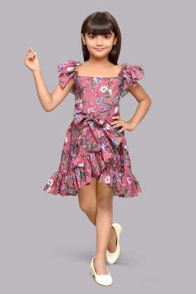 printed blended fabric square neck girls party wear dress - pink