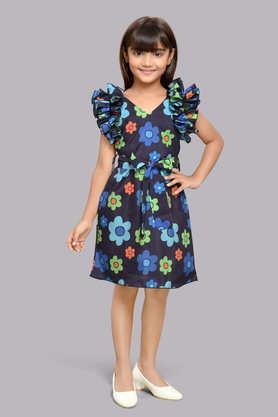 printed blended fabric v-neck girls party wear dress - navy