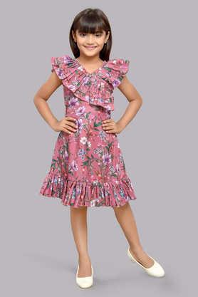 printed blended fabric v-neck girls party wear dress - pink