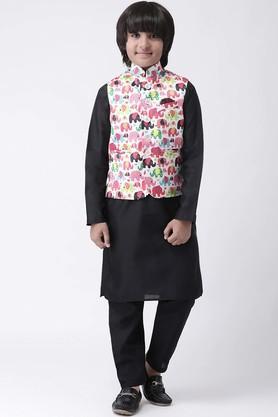 printed blended regular fit boys kurta pyjama jacket set - multi