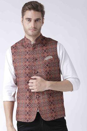 printed blended regular fit men's occasion wear nehru jacket - multi