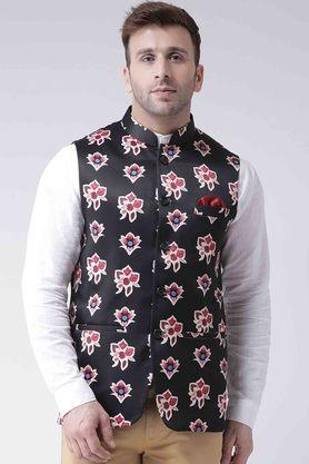 printed blended regular fit men's occasion wear nehru jacket - multi