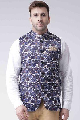 printed blended regular fit mens occasion wear nehru jacket - multi