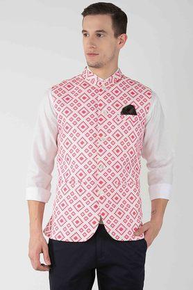 printed blended regular fit mens occasion wear nehru jacket - multi