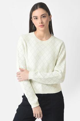 printed blended round neck women's sweater - off white