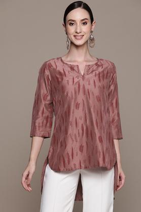 printed blended round neck women's tunic - brown