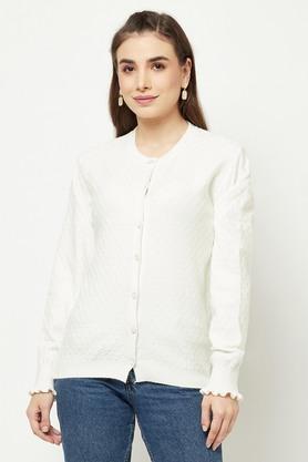 printed blended round neck womens cardigan - white