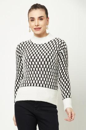 printed blended round neck womens sweater - white