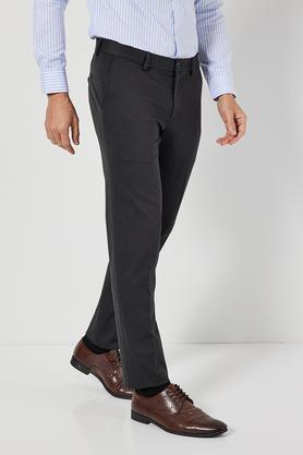 printed blended slim fit men's formal trousers - black