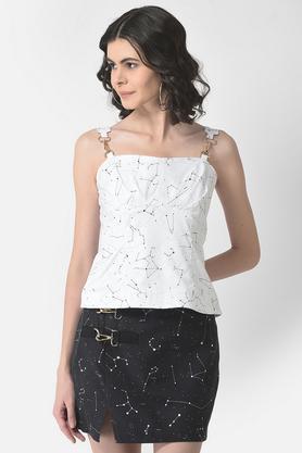 printed blended slim fit women's top - white