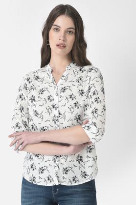 printed blended v neck women's casual shirt - white