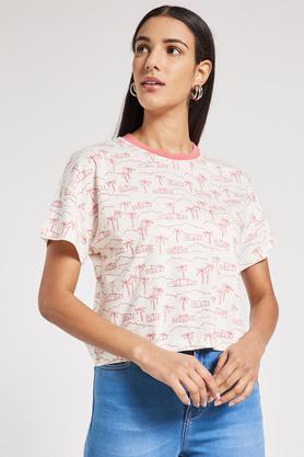 printed boxy fit cotton blend women's casual wear top - cream