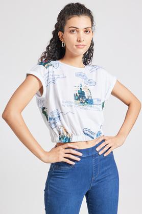 printed boxy fit cotton blend women's casual wear top - white