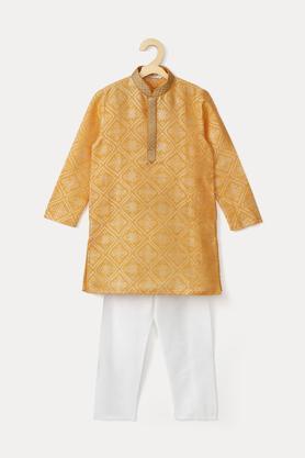 printed brocade mandarin boys kurta pyjama set - yellow