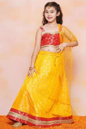 printed brocade regular fit girls lehenga choli set - yellow