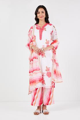 printed calf length art silk woven women's kurta set - off white